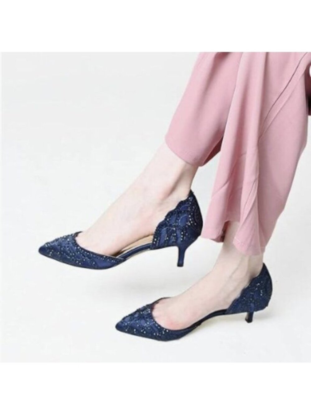 XYD Women's Pumps, Pointed Toe, D'Orsay Kitten Low Heels, Rhinestone Studs Blue